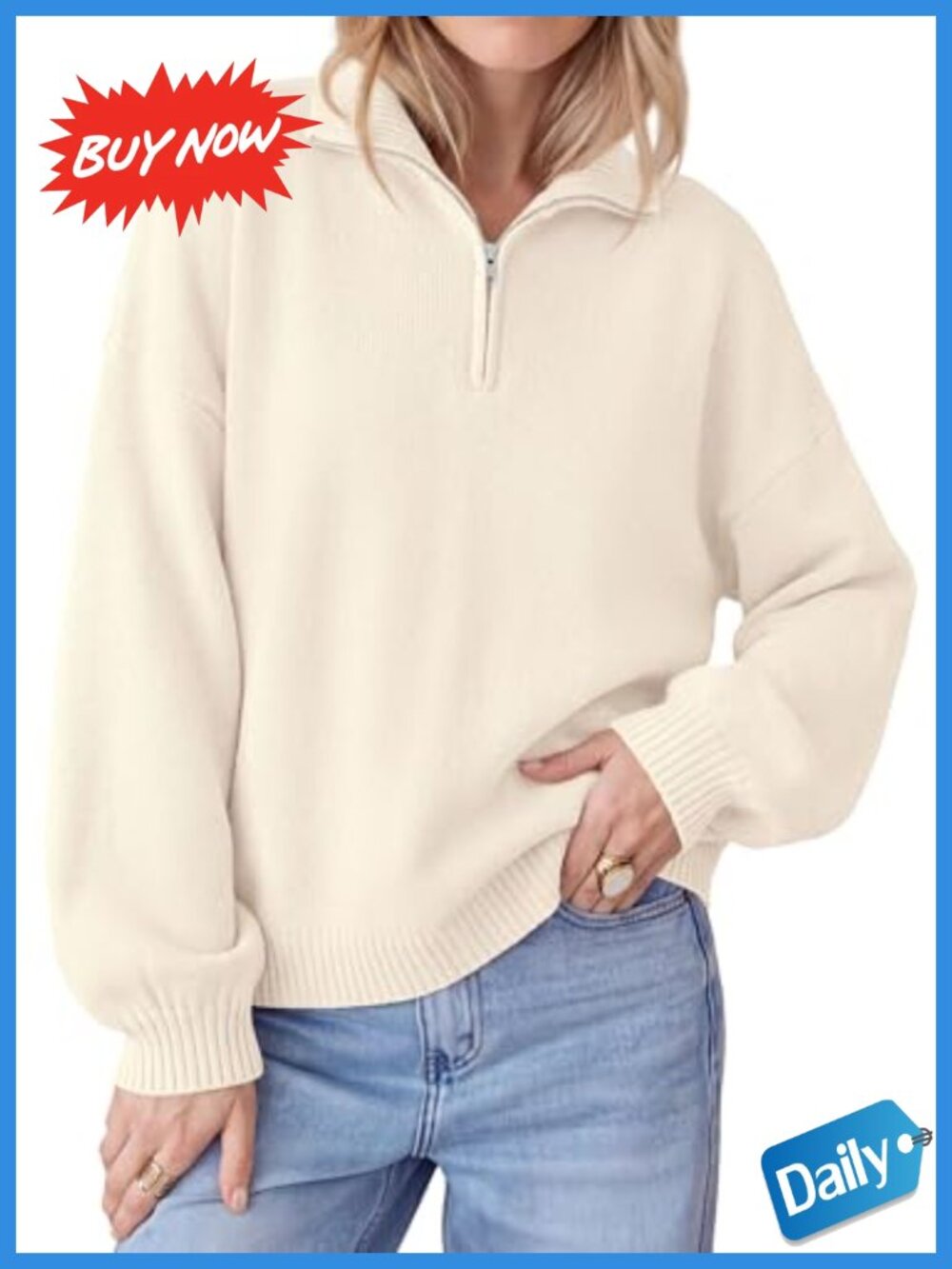 Oversized Quarter Zip Pullover Sweater Soft Knit Drop Shoulder